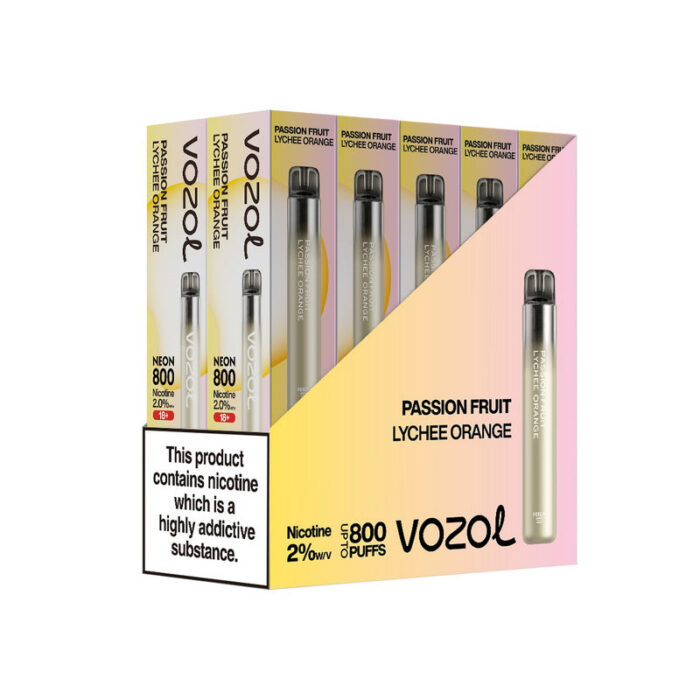 Disposable vapesBox of 10 Vozol Neon 800 Disposable Vape Multipackvozol neon pcs PASSIONFRUITLYCHEEORANGE