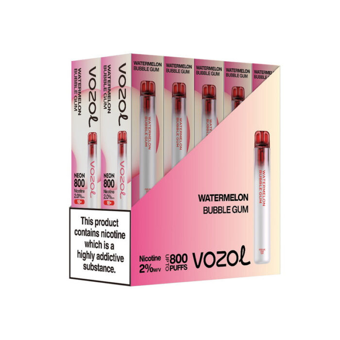 Disposable vapesBox of 10 Vozol Neon 800 Disposable Vape Multipackvozol neon pcs WATERMELONBUBBLEGUM